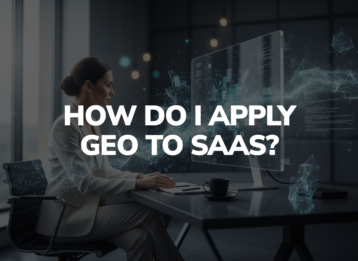 Professional woman optimizing GEO strategy on computer with AI data visualizations in modern tech office environment.