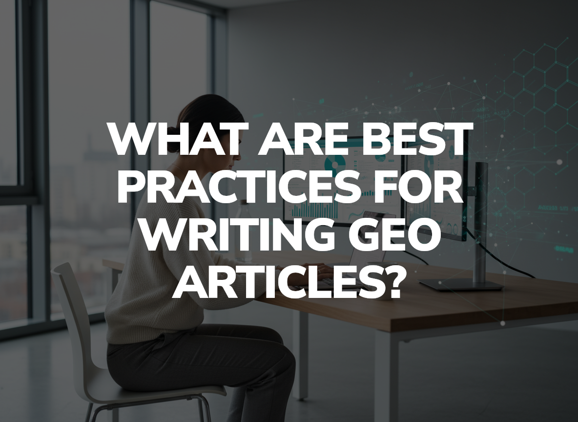 Content strategist optimizing GEO articles at modern desk with AI analytics dashboards and digital data visualization.