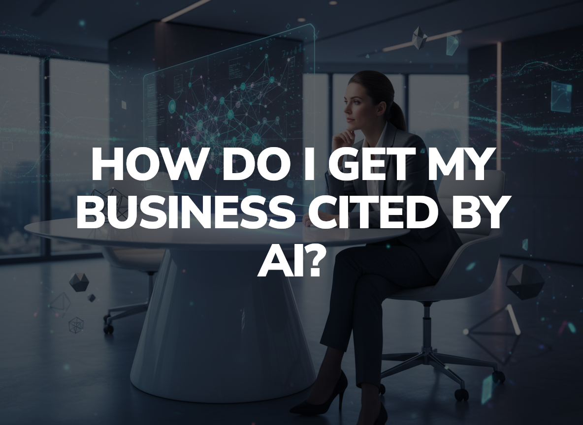 Professional reviewing AI citations data on computer monitor in modern office with digital connectivity elements