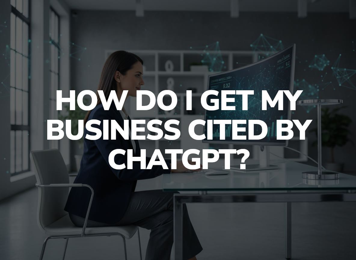 Professional analyzing AI citations on laptop with data visualizations and digital network elements in modern office setting.