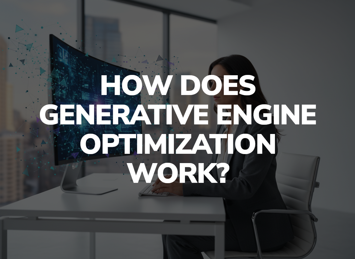 Professional woman at modern desk analyzing AI-generated data visualizations and content streams on computer screen for generative engine optimization.