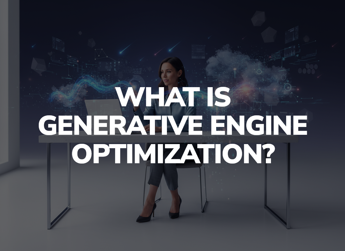 Professional woman at desk with laptop surrounded by digital data streams and AI visualization elements representing generative engine optimization technology.