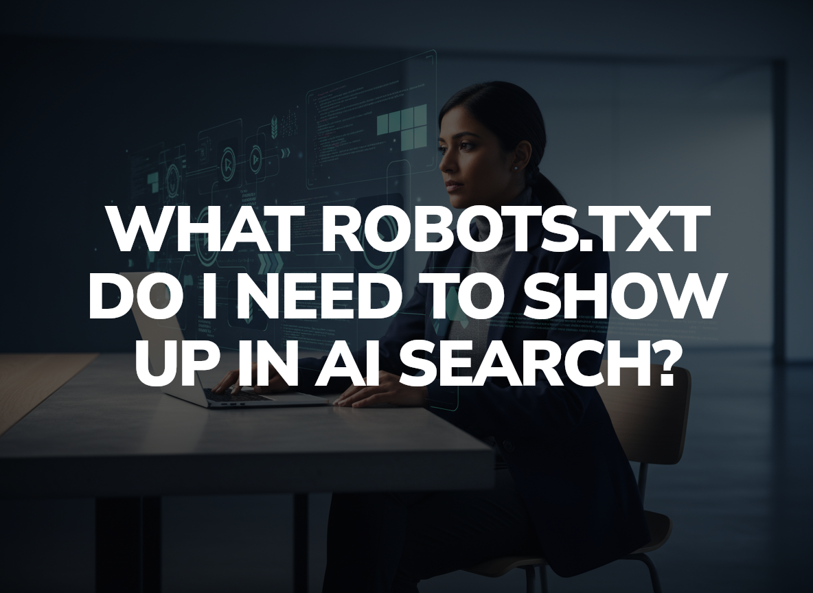 Professional analyzing robots.txt and AI citations on laptop at modern desk with digital network visualization background.