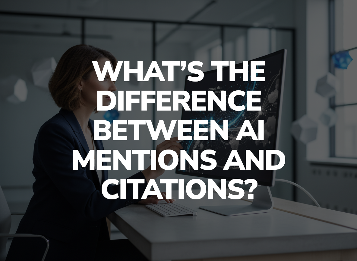 Professional woman at desk examining floating digital citation symbols and interconnected nodes on laptop screen in modern office.